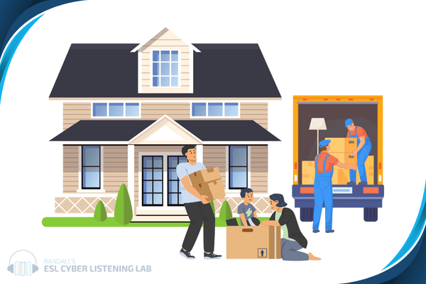 Family with moving boxes in front of a house with a moving truck next to the house.