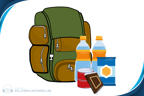 Water, canned food, and snacks in front of a backpack