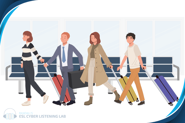 A group of people with bags in front of a row of benches.