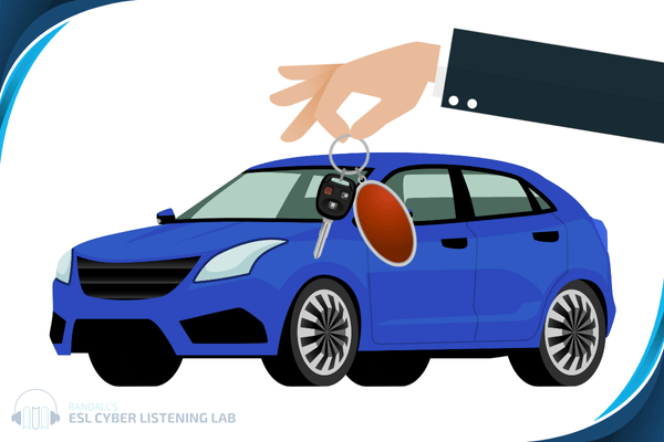 Blue car. There is a hand holding car keys in the foreground.