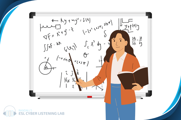 Feminine person standing in front of a white board with equations on it