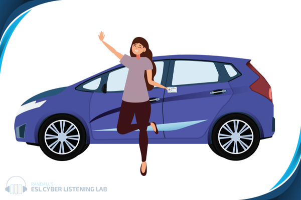 Excited person holding their new driver's licence in front of a blue car.