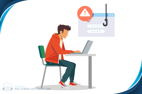 Person on a computer. There is an image of a login screen with a caution symbol.