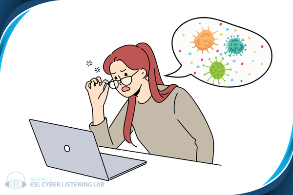 Person looking at a laptop. There is a speech bubble with images of viruses in it.