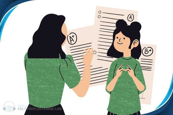 A mother and child in front of school report cards