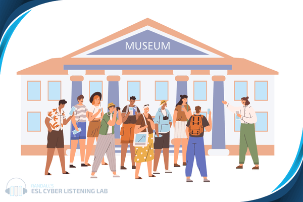 A group of tourists with a guide standing in front of a museum.