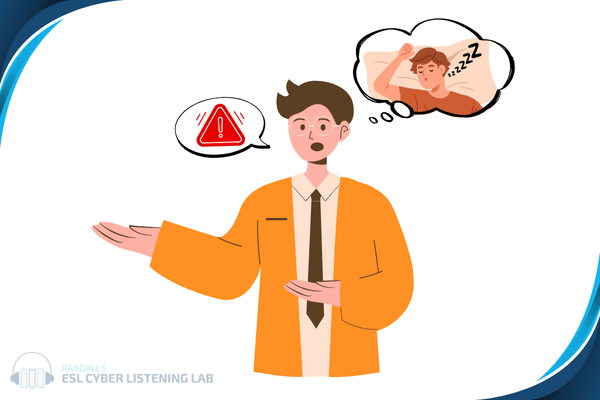 A masculine person. There is a speech bubble that has a symbol indicating emergency, but a thought bubble with someone sleeping.