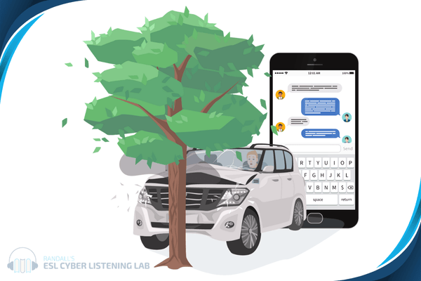 A car crashing into a tree. There is an image of a phone with a text thread behind it.